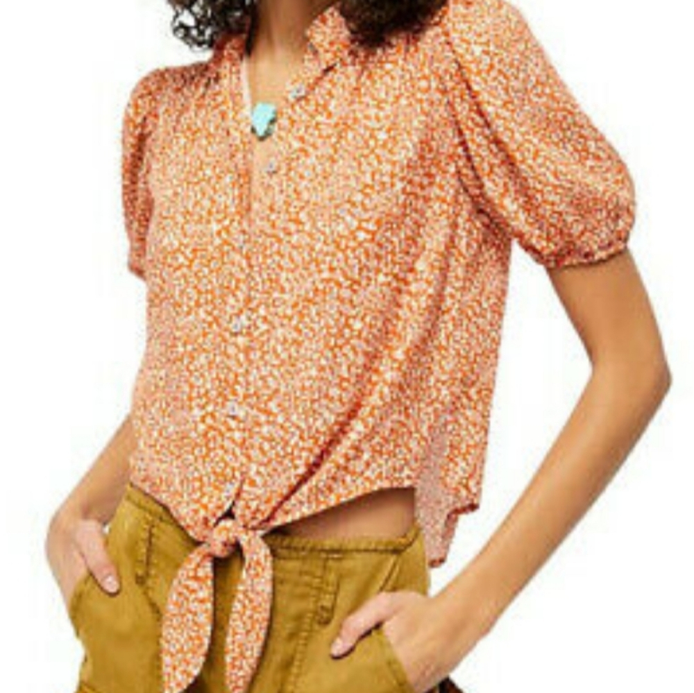 Free People Celia Printed Blouse Rust Combo Size M NWT